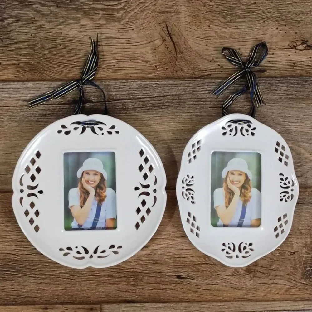 Set of 2 Ceramic Picture Frames Wall Hanging Ribbons